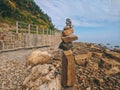 Zen.  A big pyramid of small stones on the seashore at Adriatic seaside in Piran. Meditation, balance, pray concept. tranquil Royalty Free Stock Photo