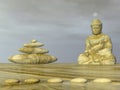 Zen Buddha meditation next to stones - 3D render Royalty Free Stock Photo
