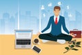 Zen businessman doing yoga meditation on the desk in office Royalty Free Stock Photo