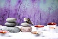 Zen concept, spa pebbles stones and burning aroma candles sea shells, Treatment aromatherapy and massage copy space Royalty Free Stock Photo