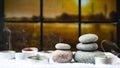 Zen concept, spa pebbles stones and burning aroma candles smoke, Treatment aromatherapy and massage copy space Royalty Free Stock Photo