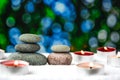 Zen concept, spa pebbles stones and burning aroma candles, Treatment aromatherapy and massage copy space Royalty Free Stock Photo