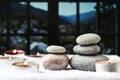 Zen concept, spa pebbles stones and burning aroma candles, Treatment aromatherapy and massage copy space Royalty Free Stock Photo