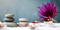 Zen concept, spa pebbles stones and burning aroma candles, Treatment aromatherapy and massage copy space Royalty Free Stock Photo