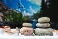 Zen concept, spa pebbles stones and burning aroma candles, Treatment aromatherapy and massage copy space Royalty Free Stock Photo