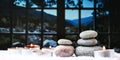 Zen concept, spa pebbles stones and burning aroma candles, Treatment aromatherapy and massage copy space Royalty Free Stock Photo