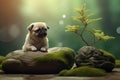 Zen dog meditative pose eyes closed tranquil garden bonsai tree incense calm ambiance Generative AI