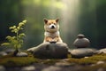 Zen dog meditative pose eyes closed tranquil garden bonsai tree incense calm ambiance Generative AI