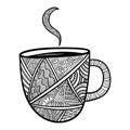 Zen doodle art cup with hot steam. Zentangle style for the adult coloring book on white background. A ntistress Hand Royalty Free Stock Photo