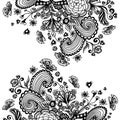 Zen-doodle background with flowers butterflies hearts black on white