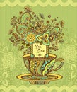 Zen-doodle cup of tea with flowers yellow green blue on green background