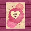 Zen-doodle style pattern and heart frame in beige lilac with watercolors stain