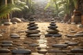 Zen garden with balanced stone tower. Meditative, serene and peaceful design of reflection and relaxation