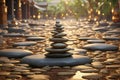 Zen garden with balanced stone tower. Meditative, serene and peaceful design of reflection and relaxation