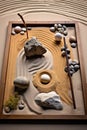 zen garden with balanced stones and sand patterns Royalty Free Stock Photo