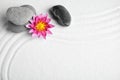 Zen garden. Beautiful lotus flower, stones and space for text on white sand Royalty Free Stock Photo