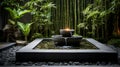 A zen garden with a calming bamboo water fountain Royalty Free Stock Photo