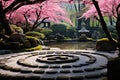 zen garden with cherry blossom and pond in spring, 3d render, AI Generated Royalty Free Stock Photo