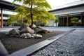 zen garden in the courtyard of a sleek, modern monastery