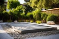 zen garden in the courtyard of a sleek, modern monastery