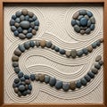 Zen garden designed within a wooden frame, showcasing smooth pebbles arranged in a smiling face Royalty Free Stock Photo
