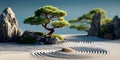 Zen garden featuring raked sand small trees and rock formations under a clear blue sky backdrop Royalty Free Stock Photo