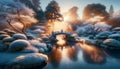 small stone bridge spans a frozen pond in the Japanese traditional garden, covered in frost. Generative AI Royalty Free Stock Photo