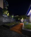 Zen garden with a fountain at night, nobody Royalty Free Stock Photo