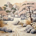 Zen garden in Japanese Ukiyo-e style. Ai generated