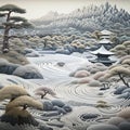 Zen garden in Japanese Ukiyo-e style. Ai generated