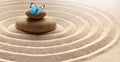 Zen garden meditation stone background and butterfly with stones and lines in sand for relaxation balance and harmony spirituality Royalty Free Stock Photo