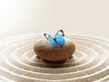 Zen garden meditation stone background and butterfly with stones and lines in sand for relaxation balance and harmony spirituality Royalty Free Stock Photo