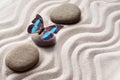 Zen garden meditation stone background and butterfly with stones and lines in sand for relaxation balance and harmony Royalty Free Stock Photo