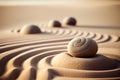 zen garden meditation stone in sand and wave background. Generative AI