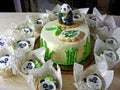 Zen garden, panda bear fondant cake. Funny bamboo, cake creem cheese with cupcakes