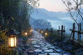 Zen Garden Path at Dusk with Lantern Light Royalty Free Stock Photo