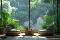 Zen Garden Room with View of Waterfall. Royalty Free Stock Photo