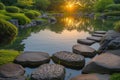 Zen Garden Stepping Stones over Tranquil Pond. Resplendent. Royalty Free Stock Photo