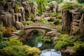 zen garden with stone bridge over a tranquil pond Royalty Free Stock Photo