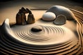 zen garden with stone and wave in the sand, 3d render Royalty Free Stock Photo