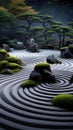 Zen garden, where sand, rocks, and trees come together in perfect harmony, a concept that embodies serenity and relaxation.