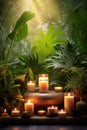 Zen Harmony: Vibrant Candles on Polished Wood, Lush Green Plants, and Calming Neutrals