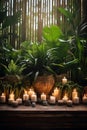 Zen Harmony: Vibrant Candles on Polished Wood with Lush Green Plants