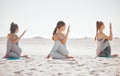 Zen, heath and yoga group meditation on a beach with women training and meditating together. Athletic friends exercise