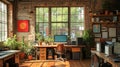 Zen home office with computer in a beautiful, spacious living room interior with plants and an outside view through big windows.AI Royalty Free Stock Photo