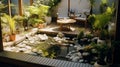 A zen-inspired balcony garden with a koi pond, bonsai trees, and stone sculptures.