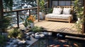 A zen-inspired balcony garden with a koi pond, bonsai trees, and stone sculptures. Royalty Free Stock Photo