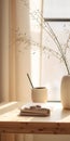 Zen-inspired Study Place With Vase And Coffee Mug On Wooden Surface