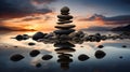 Zen-Inspired Tower of Rocks in Black and Gold Gleaming Against a Sunset Backdrop. Generative Ai. Royalty Free Stock Photo