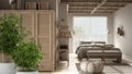 Zen interior with potted bamboo plant, natural interior design concept, cosy peaceful bedroom with carpet, double bed, wardrobe